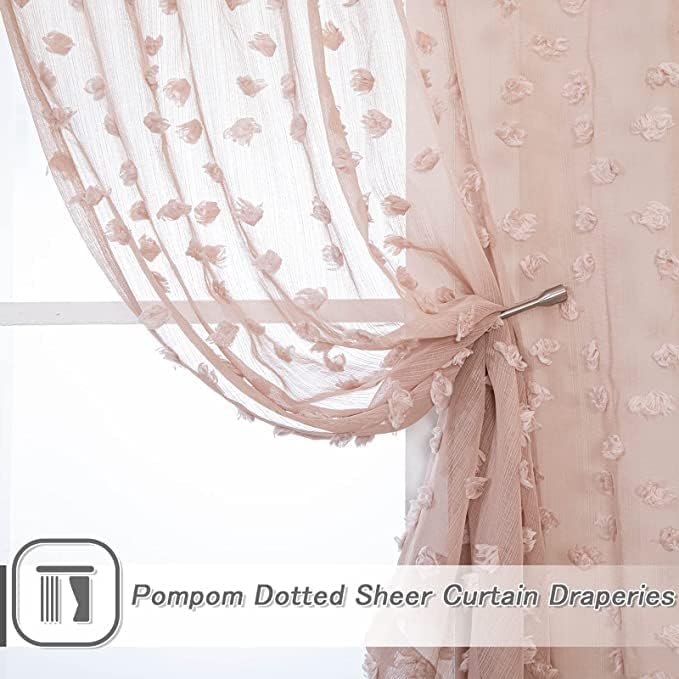 MYSKY HOME Pink Sheer Short Curtains with Pom Pom for Small Windows Dusty Rose Bedroom Nursery Kids Girls Room Curtains Cafe Kitchen Light Filtering Boho Drapes, Rod Pocket,38 x 45 Inches, 2 Panels
