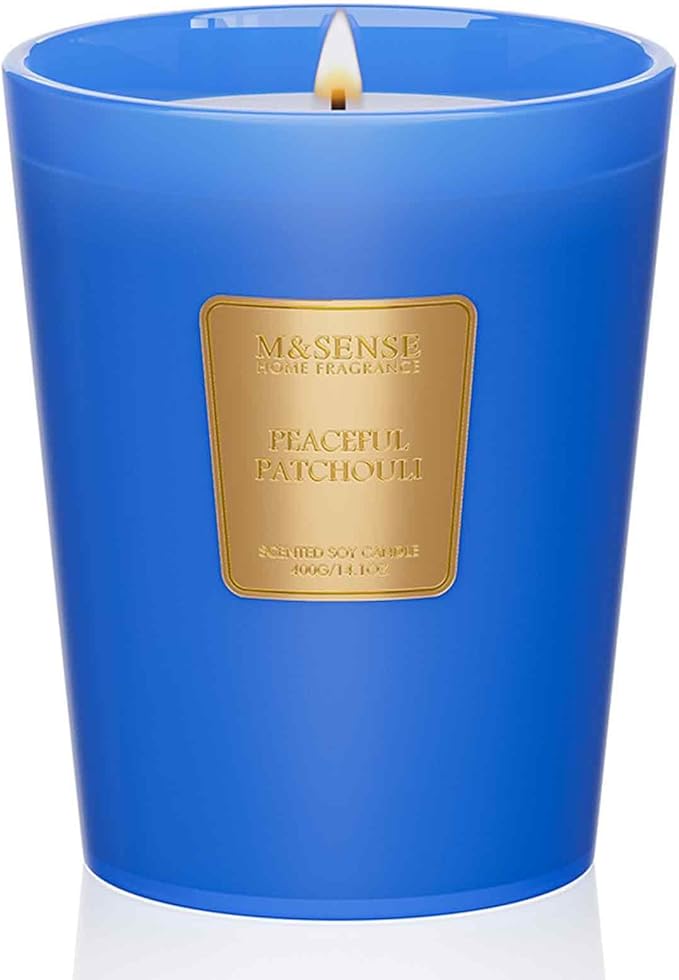 M&SENSE Peaceful Patchouli Scented Natural Soy Wax Candle, 14.1oz 60 Hours Long Lasting Slow Burning, Aromatherapy Fall Winter Candle for Stress Relief Festival Gifts for Home Decor