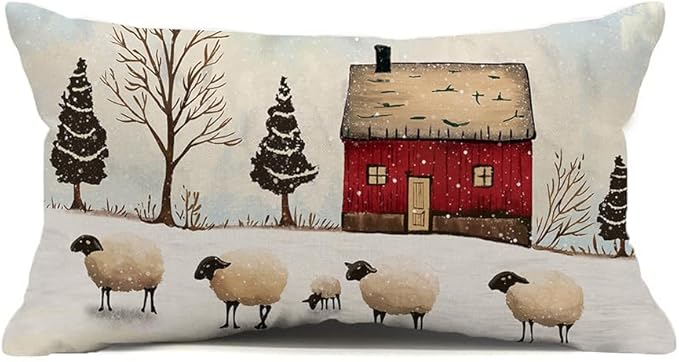 Christmas Pillow Covers 12x20 Christmas Decorations Watercolor Xmas Snowy Rustic Style Nature Red House White Sheep Decorative Throw Pillows Winter Christmas Decor
