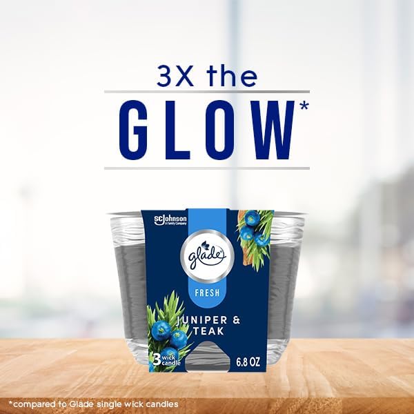 Glade Juniper & Teak Fresh Collection Candle - Fragrance Infused with Essential Oils, Air Freshener, 3-Wick, 6.8 Oz, 3 Count