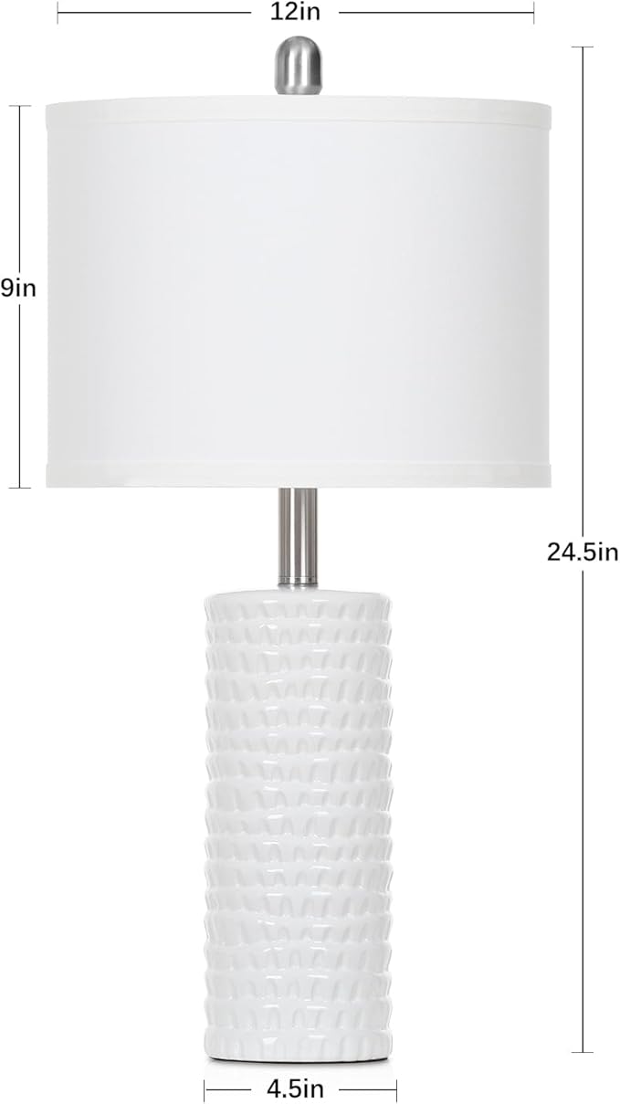 24.5" Modern Ceramic Table Lamps for Living Room ，Farmhouse Nightstand Lamps Set of 2 with White Linen Shade Office Reading Lamp ，Bedroom Lamps for Bedside End Table, Bedroom, Living Room, White