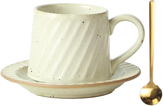 Vintage Ceramic Tea Cup and Saucer Set with Spoon, 10 oz Retro Porcelain Coffee Mug (Cream Fleck)