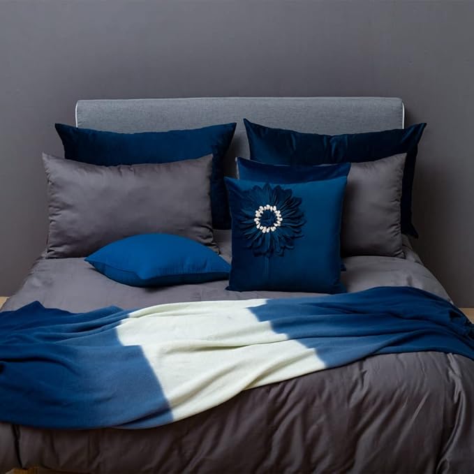 JWH Decorative Flower Throw Pillow Covers 3D Sunflower Pillow Case Velvet Cushion Floral Pillowcase for Bed Living Room Couch Chair 18x18 Inches Navy Blue White