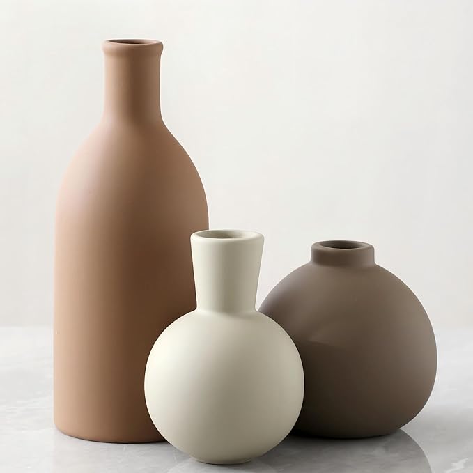 Vase Set of 3 | Ceramic Neutral Vases Home Decor | Rustic Flower Pottery Vases Modern Farmhouse Vase for Table Entryway Mantel Centerpiece Bookshelf Living Room Bathroom Bedroom -Brown Large