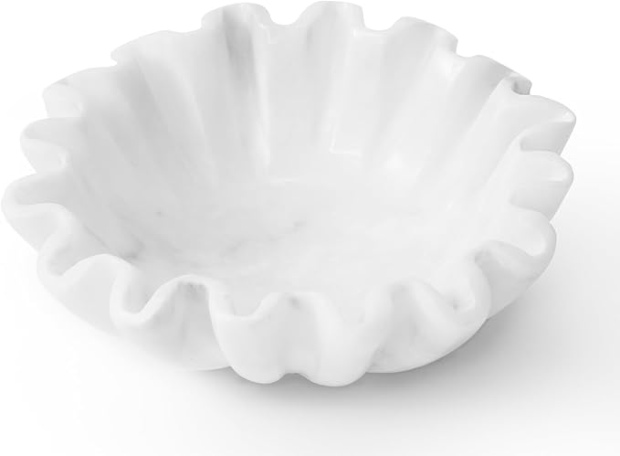 Marble Ruffle Bowl 6 Inch Handmade White Small Decorative Bowl for Modern Home Decor - Scalloped & Fluted Key Bowls for Entryway Tables & Coffee Table Decor