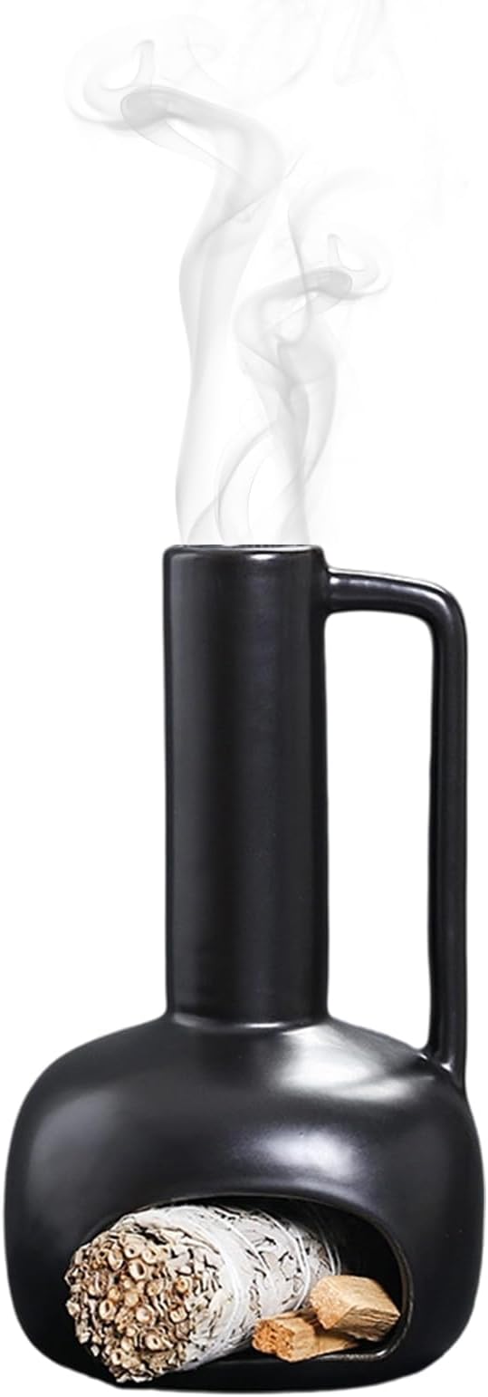Simcat Handmade Ceramic Holder Incense Burner for Palo Santo Sticks Sage Bundles Candlestick, Suitable for Yoga Meditation Room Home Decor (Black)
