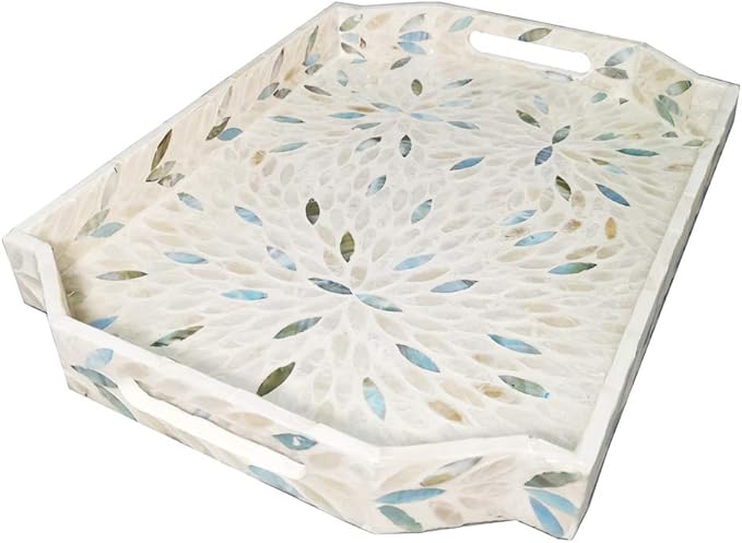 16 Inch Mother of Pearl Tray Dodecagon, Large Lacquer Shell Tray with Handles and 2”Side, Decorative Shell Serving Tray Inlay Nacre Ottoman Tray for Coffee Table, Vanity Organizer, Breakfast, M, i-lan