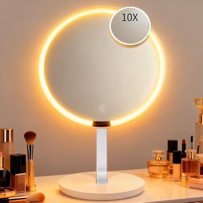 9.65-inch Lighting Makeup Mirror, 1x / 10x,Touch Control,3-Color Adjustable,Metal Stand,up and Down Adjustable Makeup Mirror, High Color Rendering, Eye-Protecting Light Source,Silver