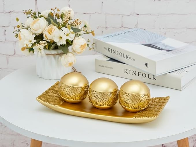 Gold Spheres Orbs Set of 3 with Tray for Centerpiece Table Decoration, Golden Accent Center Piece for Home Dining Room Table Centerpiece Decoration