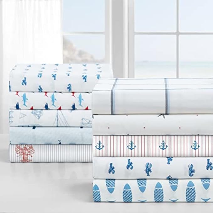 Nautica - Queen Sheets, Cotton Percale Bedding Set, Breathable & Cool, Coastal Bedding Set (Costazul Blue/Red, Queen)