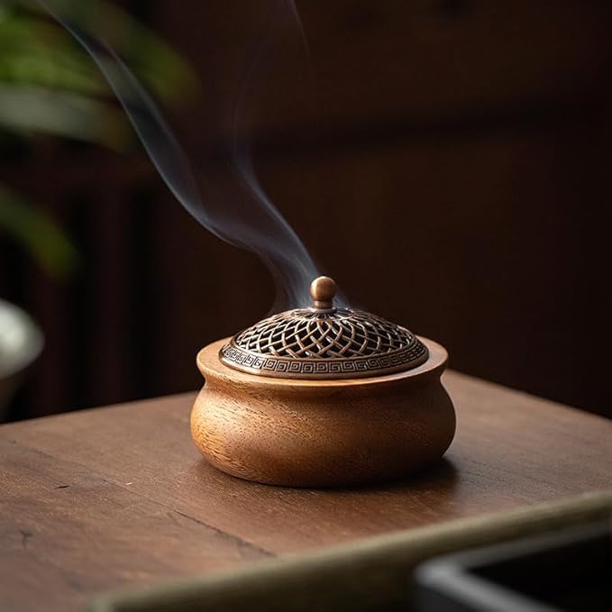 Round Wooden Incense Burner & Holder - 4" Handcrafted Natural Wood Censer with Alloy Lid, Heat-Resistant Tray for Sticks, Cones, Sage, Frankincense (Meditation, Yoga, Home Decor)
