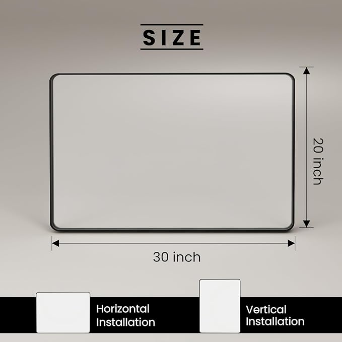 20X30 Inch Black Bathroom Mirror, Black Metal Framed Mirror for Wall, Rounded Rectangle Matte Bathroom Vanity Mirror with Tempered Glass, Anti-Rust, Horizontal/Vertical