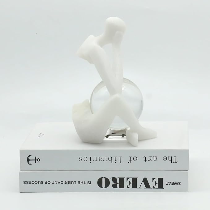 Lukitas Resin Thinker Statue - Holding Crystal Ball Sculpture, Modern Abstract Collectible Figurine for Home Office Bookshelf Decor, White Sand 7.5''