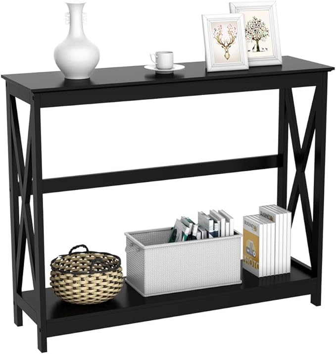 Yaheetech Console Table for Entryway, 2 Tier Entryway Table Bookshelf Accent Table w/Storage Shelf Living Room Entry Hall Foyer Table Furniture, Black,X-Design