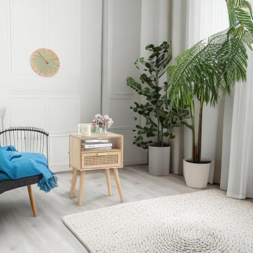 MaxSmeo Modern Nightstand Rattan Side End Table with Storage, for Living Room, Bedroom and Small Spaces, Accent Bedside Farmhouse Tables with Solid Wood Legs, Easy Assembly (Natural Walnut)
