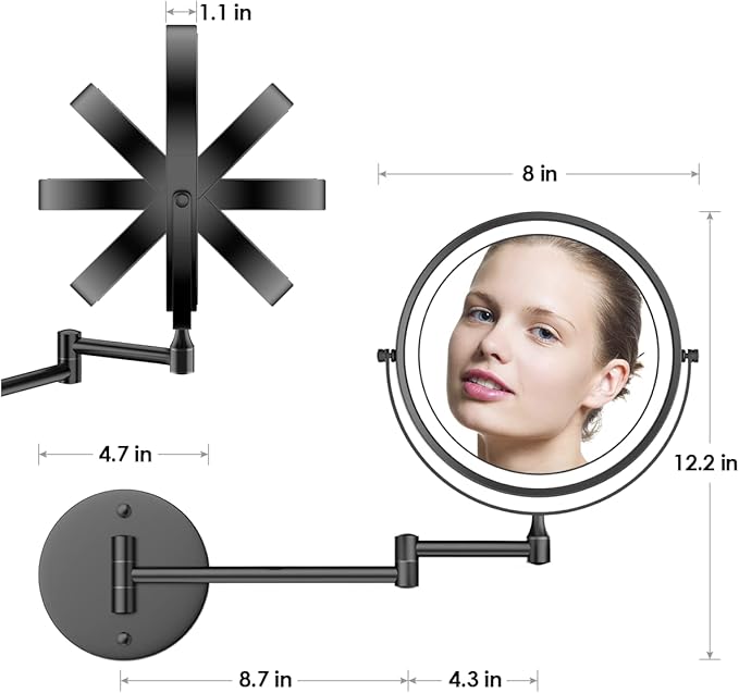 Rocollos Rechargeable Wall Mounted Lighted Makeup Mirror, 8 Inch Double-Sided LED Vanity Mirror 1X/10X Magnification,3 Color Lights Touch Screen Dimmable 360°Swivel 13 Inch Extendable