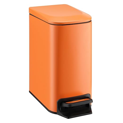 TIPGO Small Bathroom Trash Can with Lid Soft Close, 6 Liter / 1.6 Gallon Stainless Steel Garbage Can with Removable Inner Bucket, Step Pedal, Slim Trash Cans for Bedroom, Office, Kitchen (Orange)