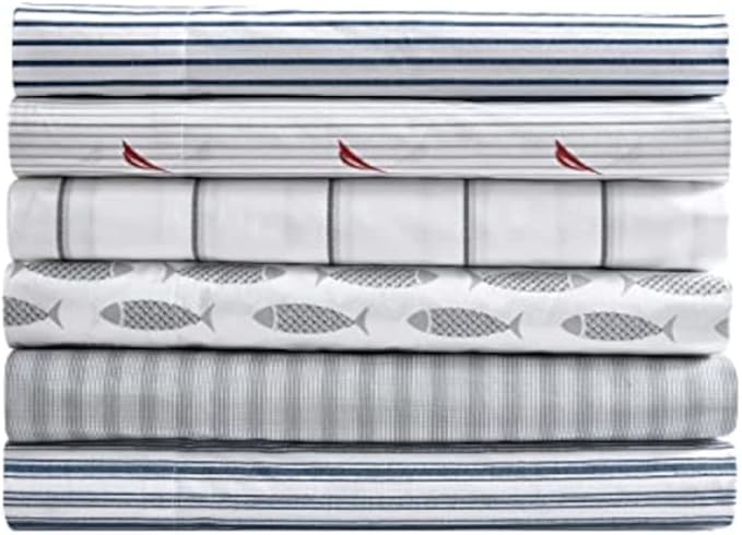Nautica - Full Size Sheet Sets, Cotton Percale Bedding Set, Crisp & Cool, Coastal Home Decor (Woodblock Fish Grey, Full)