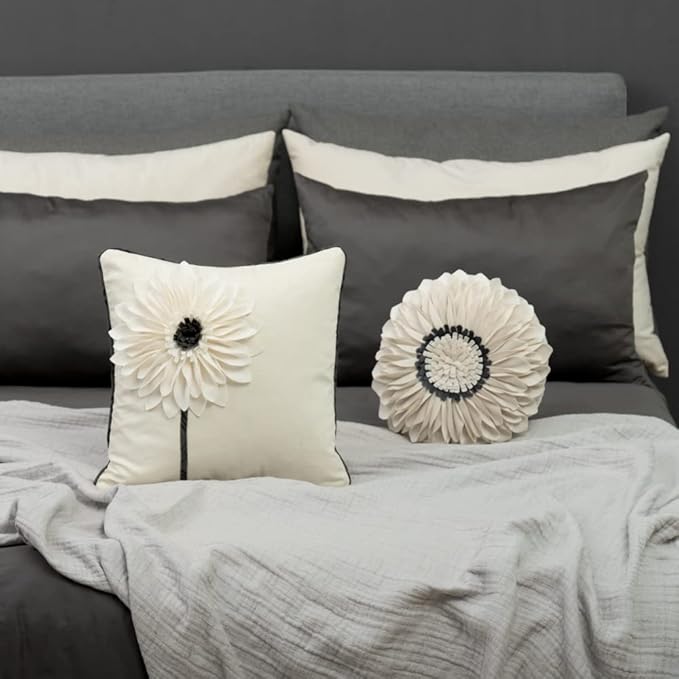 JWH Decorative Flower Throw Pillow Covers 3D Sunflower Pillow Case Velvet Cushion Floral Pillowcase for Bed Living Room Couch Chair Decor 18x18 Inches Creamy White Black
