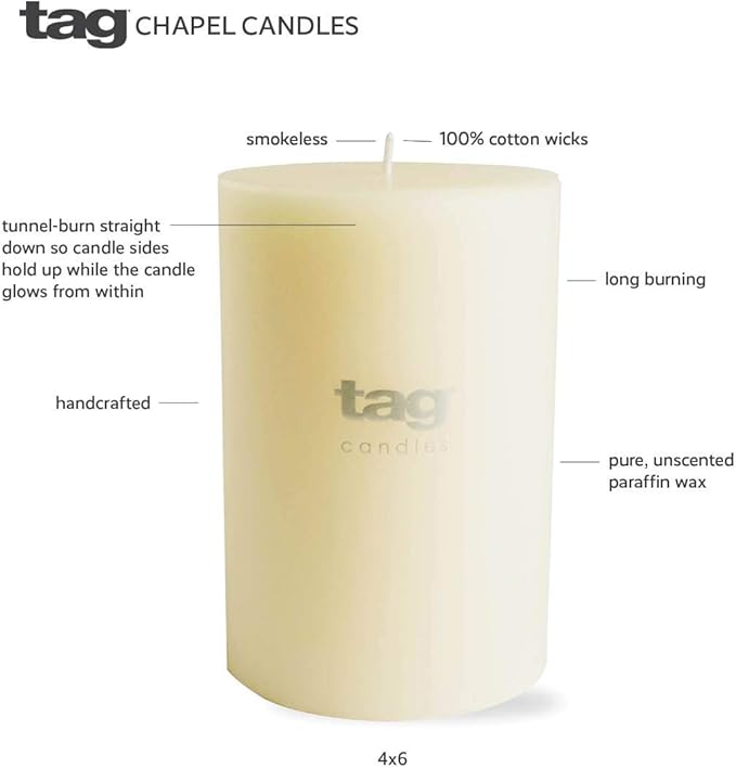 TAG Chapel 2X5 White Pillar Paraffin Wax Candle Unscented Drip-Free Long Burning 32 Hours for Home Decor Wedding Parties 2x5 White