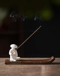Ceramic Incense Stick Holder with Ash Catcher - Kung Fu Samurai on Bamboo Raft, Chinese & Japanese Home Decor for Meditation, Spa, Yoga