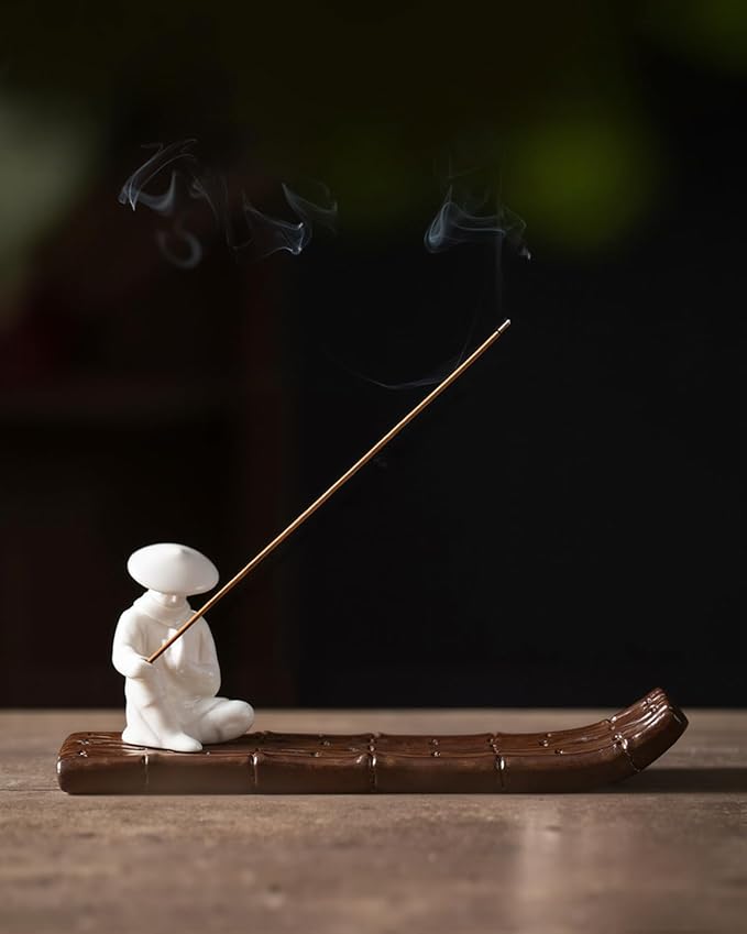 Ceramic Incense Stick Holder with Ash Catcher - Kung Fu Samurai on Bamboo Raft, Chinese & Japanese Home Decor for Meditation, Spa, Yoga