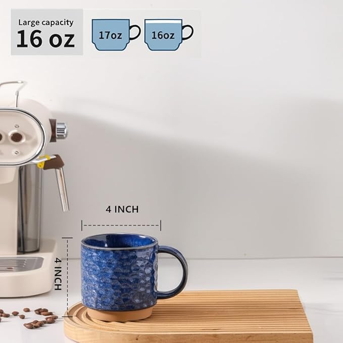 Nihow 16OZ Stackable Coffee Mug Set, Large Ceramic Coffee Mug Set of 4,Coffee Cup Set for Cappuccino/Latte/Cocoa,Dishwasher & Microwave Safe,Vivid Blue