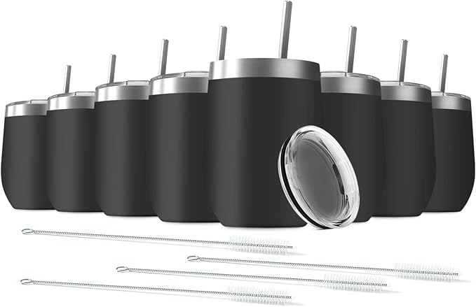 8 Pack 12 oz Stainless Steel Wine Tumbler with Lids, Double Wall Vacuum Insulated Travel Cup Including 8 Straws Set for Coffee, Cocktail, Drink, Tea and Beer (Black)