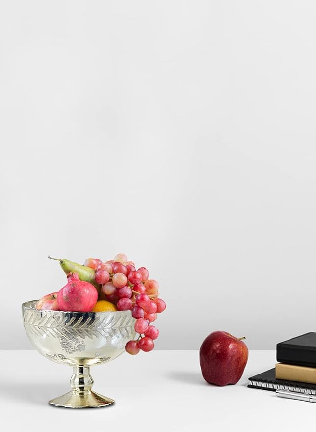 Serene Spaces Living Silver Etched Leaf Mercury Glass Bowl, Vintage Compote Bowl (Pack 1)