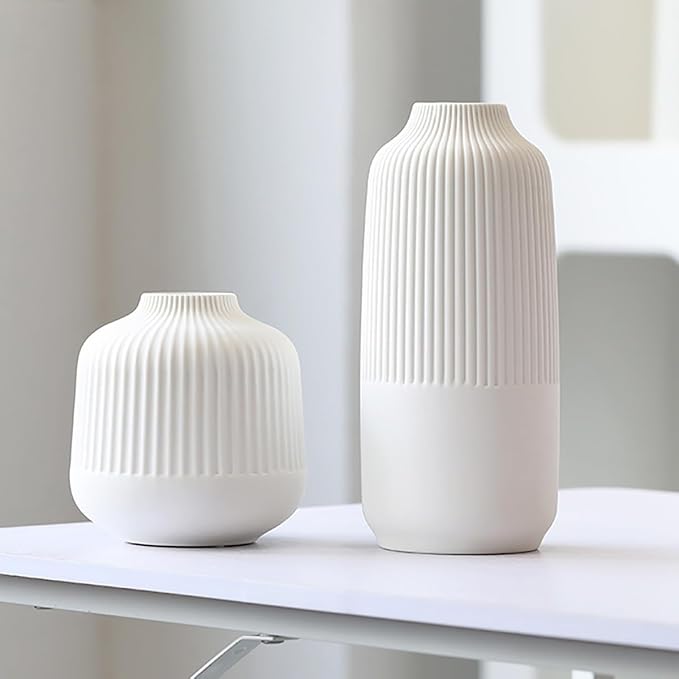 Matte White Vases Home Decor Stripe Centerpieces Modern Boho Ceramic Set of 2 for Flowers Pampas Grass Table Mantle Kitchen Porcelain