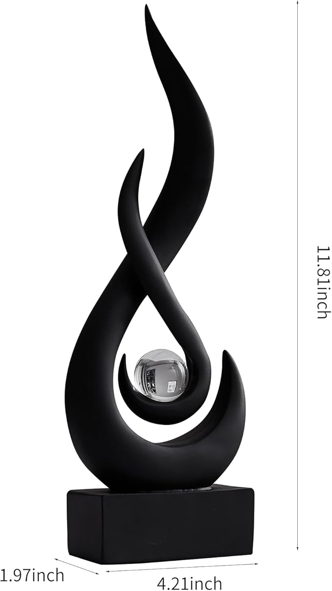 AWNR Abstract Black Sculpture: Flame Statue with Glass Ball Resin Art Figurines - Unique Centerpiece for Modern Home Decor
