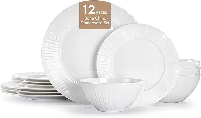 KINGSTONE Bone China Dinnerware Set, 12-Piece White Lightweight Porcelain with Textured Design Service for 4, Plates, Bowls, for Family Dining, Restaurants, Gifting，Microwave and Dishwasher Safe
