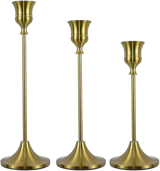 Candlestick Holders, Taper Candle Holders Set of 3, Vintage Candle Holder Decor for Table Centerpiece, Fireplace Mantel, Weddings & Housewarming (Brass Gold, 3 pcs)