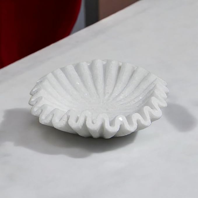Marble Ruffle Bowl Handcrafted Decorative ScallopBowls - Antique Catchall Jewelry Dish Fruit Organizer for Home & Kitchen (7 inches)