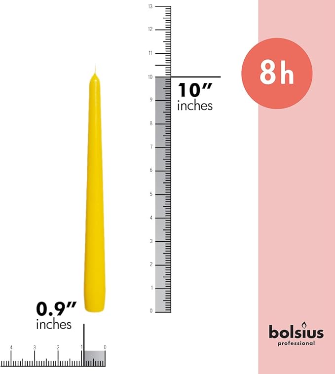 BOLSIUS Yellow Taper Candles - 4 Pack Unscented 10 Inch Dinner Candle Set - 8 Hours Burn Time - Premium European Quality - Smokeless and Dripless Household Wedding, Party, and Home Decor Candlesticks