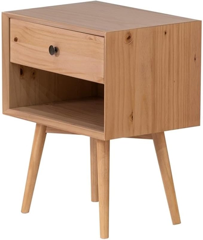 Walker Edison Mid Century Modern 1-Drawer Nightstand Bedroom Storage Drawer and Shelf Bedside End Table, 24 Inch, Natural Pine