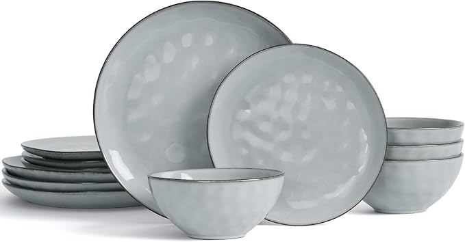 Famiware Dinnerware Sets for 4, Ocean Round 12-Piece Kitchen Plates and Bowls Sets, Reactive Glaze, Microwave and Dishwasher Safe, Scratch Resistant, Grey