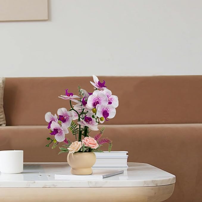 LESING Artificial Orchid Flower with Vase, White Orchid Bonsai Faux Orchid Phalaenopsis Plant Pot Arrangements for Home Decoration (White Purple,Beige Vase)