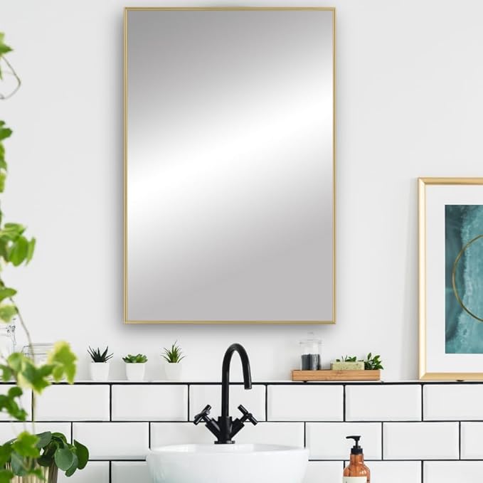 Frame My Mirror Gold Metal Framed Mirror, 28" x 48" Champagne Bronze Mirror for Bathroom, Metal Frame, True Reflections Glass, Stanton Design, Hangs Horizontally or Vertically, Made in USA