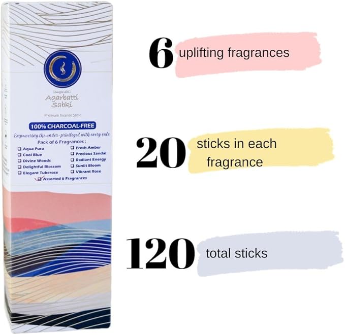 Incense Sticks Agarbatti Sabki - Pack of 6-120 Sticks, Relaxation Spiritual Healing Stress Relief, Premium, Charcoal-Free, Meditation Chakra Reiki Yoga Elements of Nature (Assorted)
