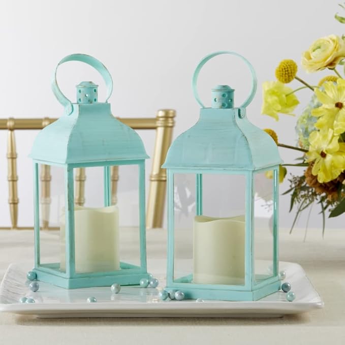 Kate Aspen LED Vintage Decorative Blue Lantern - Marrakesh (Set of 2) -Rustic Home Farmhouse Décor Lantern, One Size