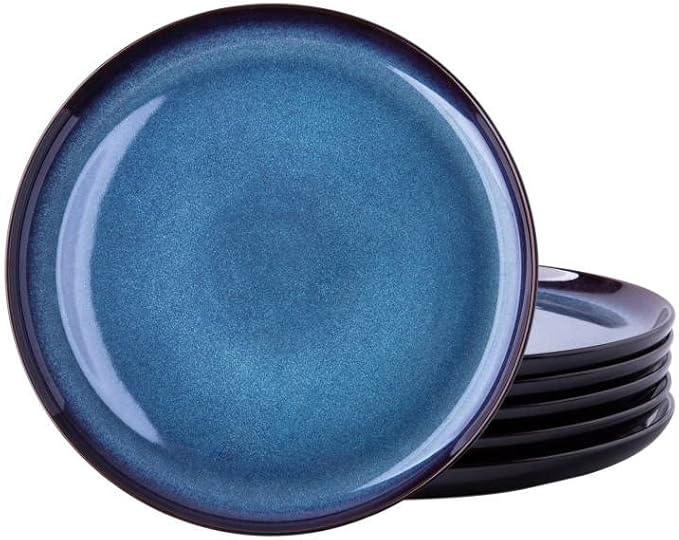 LERATIO Ceramic Plate Set of 6,8.5 Inch Reactive Glaze Light Weight Porcelain Salad Plates,Modern Shape Dinnerware Dishes Set for Kitchen,Microwave&Dishwasher&Oven Safe,Resistant-Indigo Blue