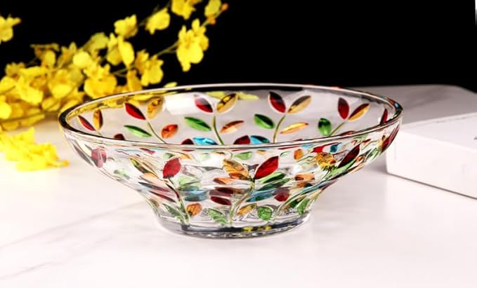 Decorative Bowl, Large Hand Painted Glass Crystal Fruit Bowl for Decor, Colorful,11.8 in Diameter