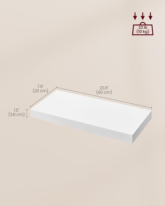 VASAGLE Wall Shelves Set of 2, Floating Shelves, 8 x 23.6 x 1.5 Inches, Display Shelves for Picture Frames, Decor, Hanging Shelf for Living Room, Kitchen, White ULWS056W01