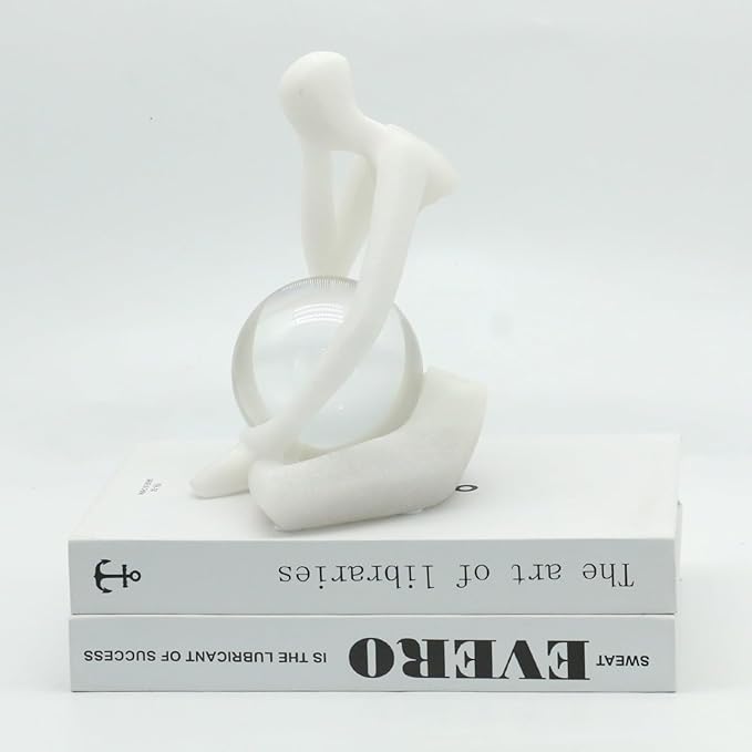 Lukitas Resin Thinker Statue - Holding Crystal Ball Sculpture, Modern Abstract Collectible Figurine for Home Office Bookshelf Decor, White Sand 7.5''