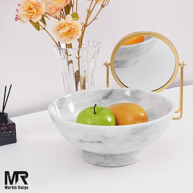 Marble Fruit Bowl 10 Inch Handmade White Bowls for Kitchen Counter, Dining & Coffee Table Centerpiece - Large Decorative Fruits Holder, Salad & Candy Bowl for Countertop Aesthetic, Home Decor Bowl