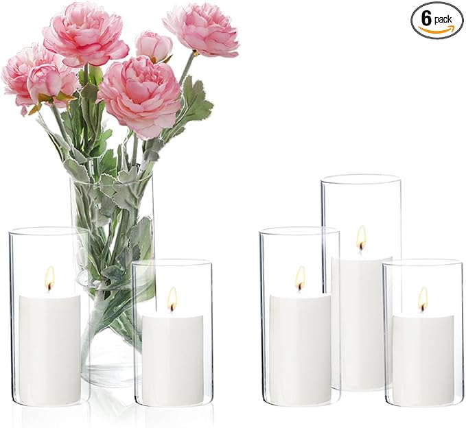 Set of 3 White Pillar Candles and Glass Candle Holders, Clear Cylinder Vases Pillar Candle Holders for Pillar Candles, Hurricane Candle Set for Party, Table, Home Decor, Wedding Centerpieces