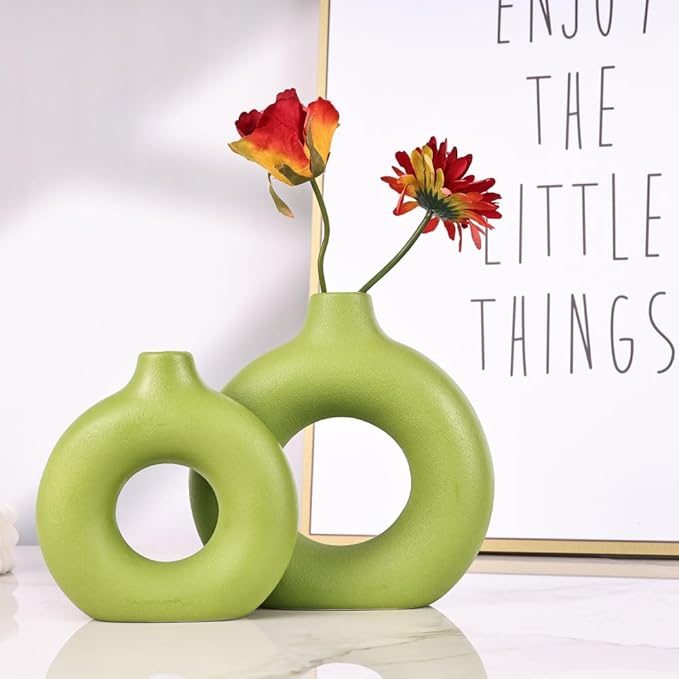Green Ceramic Vase Set of 2, Flower Vase for Home Decor, Donut Vase for Green Decor, Modern Boho Decorative Vase, Round Hollow Pampas Grass Vase, Perfect for Dining Table, Mantel & Centerpiece