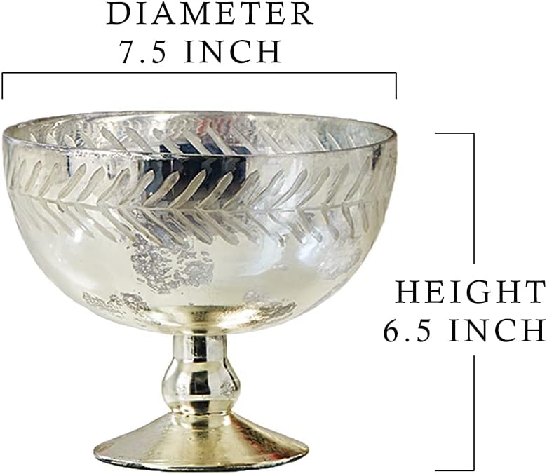 Serene Spaces Living Silver Etched Leaf Mercury Glass Bowl, Vintage Compote Bowl (Pack 1)