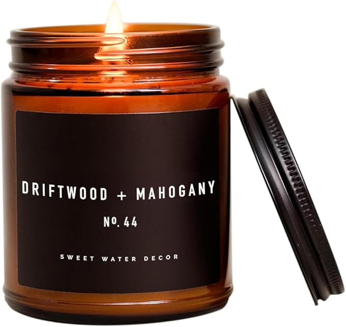 Sweet Water Decor Driftwood and Mahogany Candle - Mahogany, Lavender, Wood, and Geramium Scented Candle for Home - 9oz Amber Jar, 40 Hour Burn Time, Made in The USA